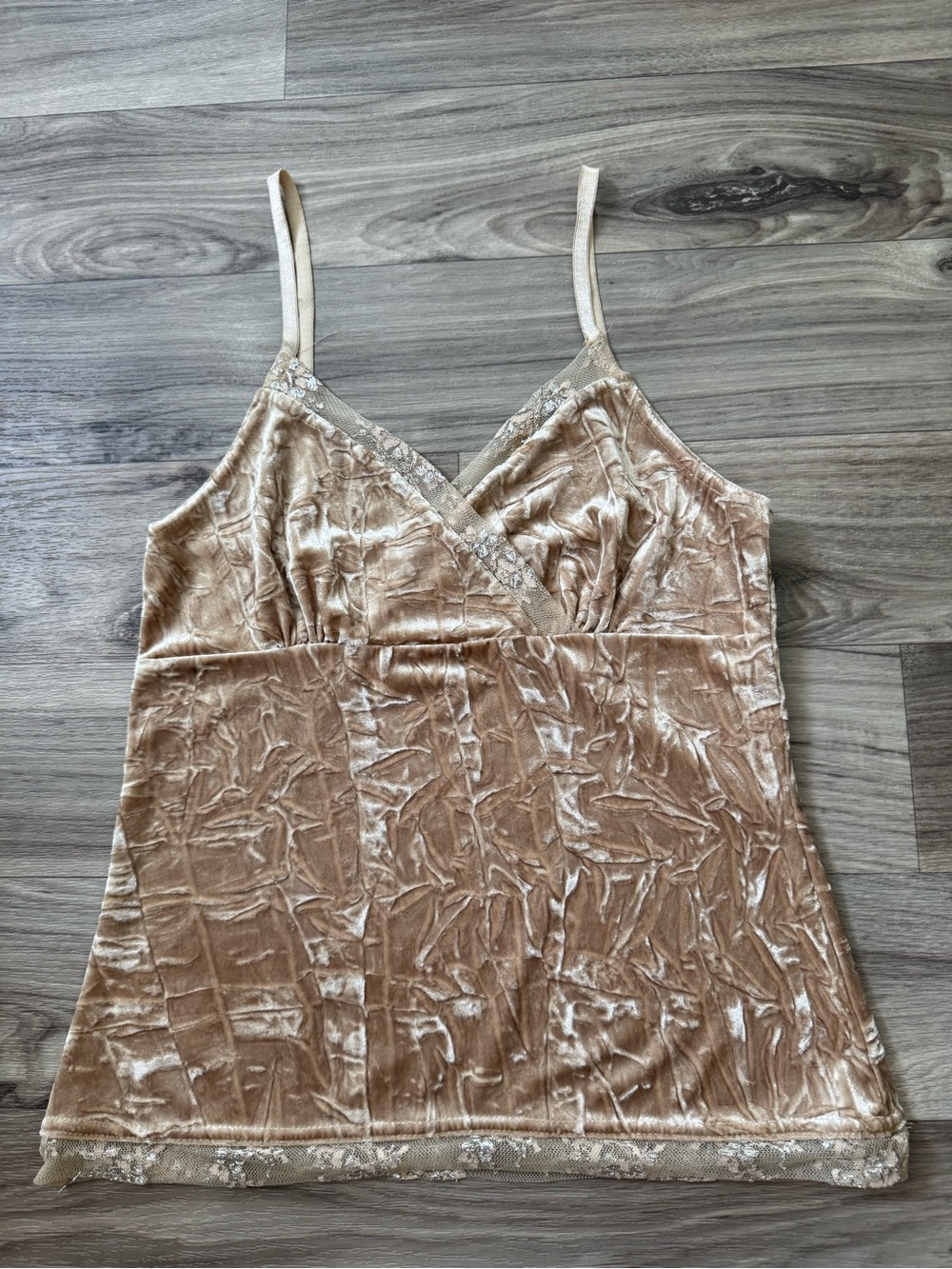 Vintage Y2k Crushed Velvet Lace Trim Cami Top Made in USA Champagne Gold XL